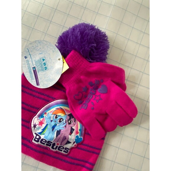 My Little Pony Girls Beanie Hat and Glove Set Pink and Purple Striped Stretch - Picture 5 of 7